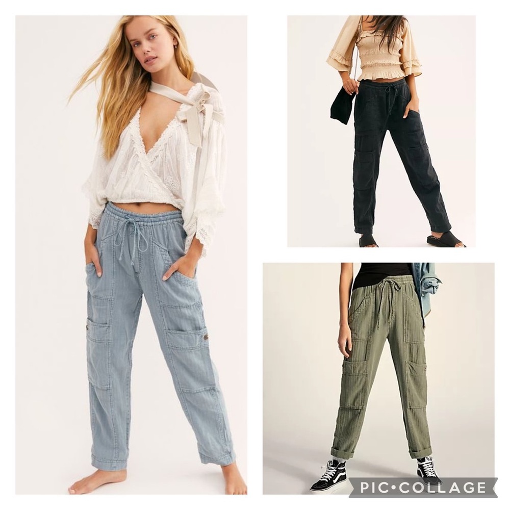 NWOT Free People Feelin' Good Linen Blend Utility Pants in Sea Spray Size S M L